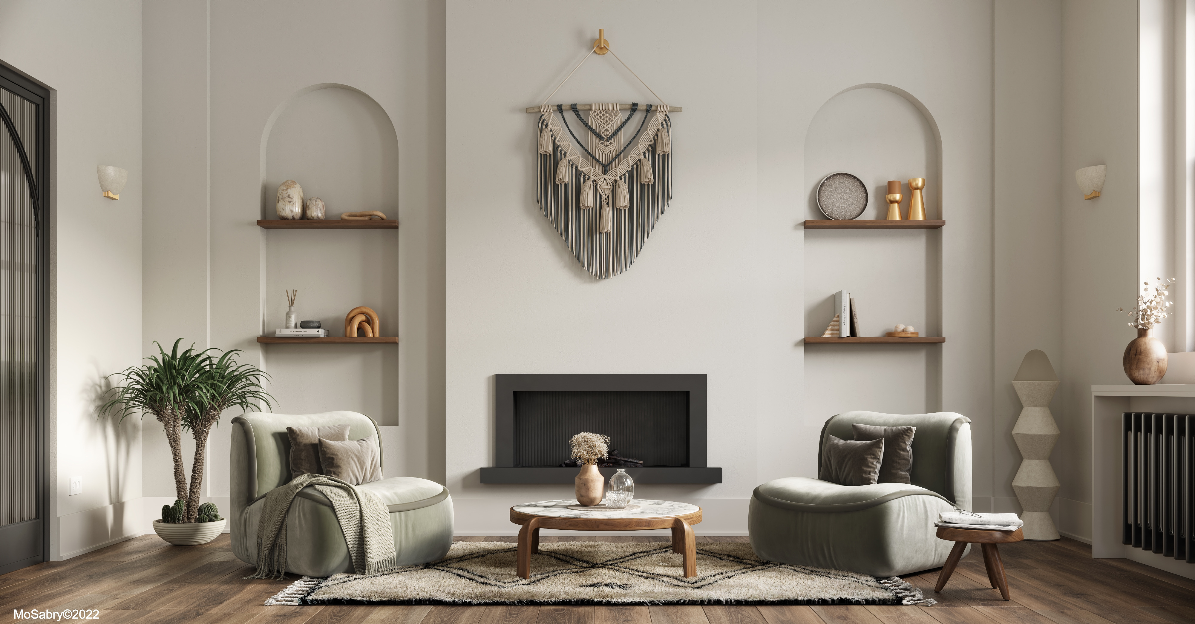 Living room with arched shelves, green armchairs and a fireplace