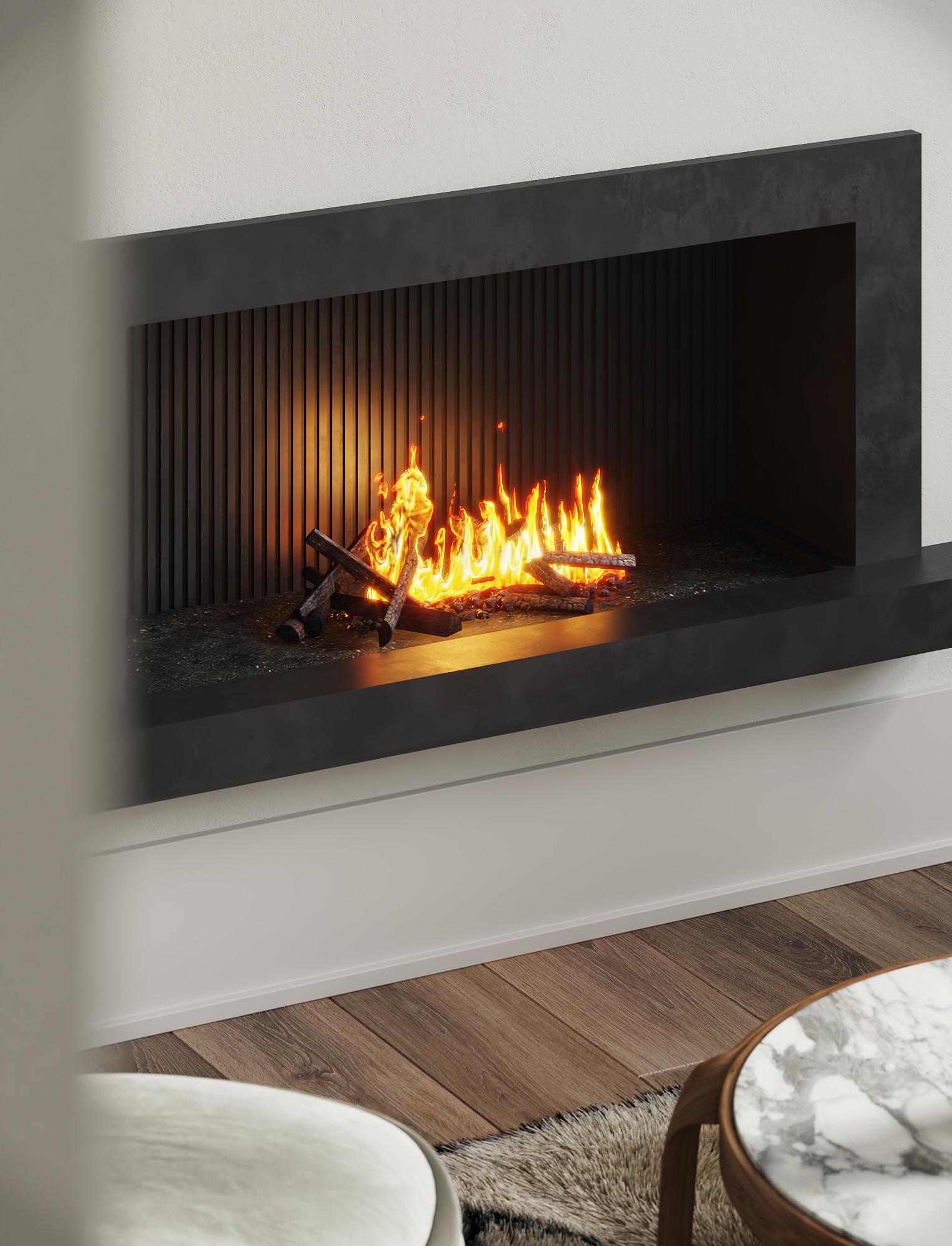 Close-up of a lit fireplace above a marble side table