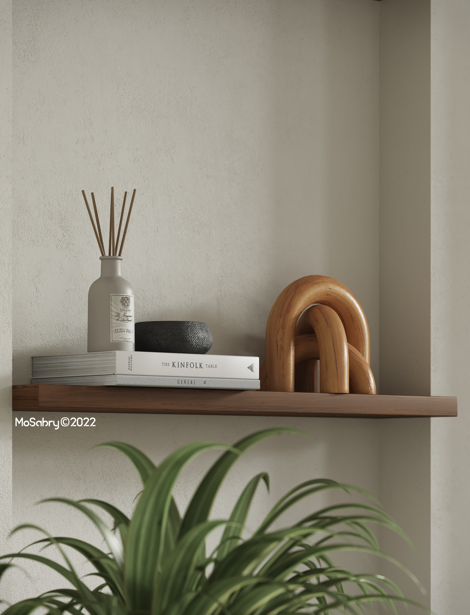 Shelf with a reed diffuser, ceramic sculpture and plant