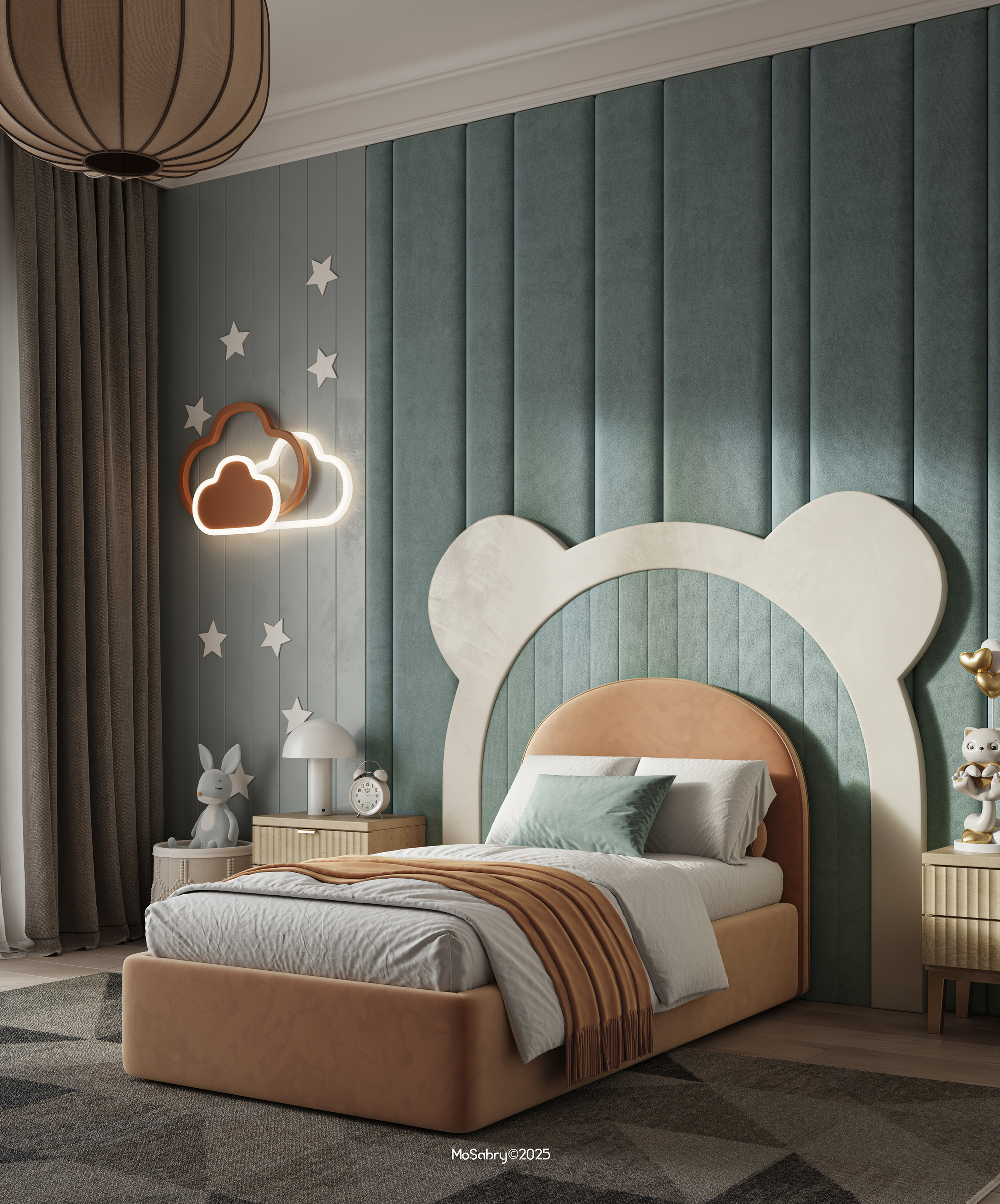 Side view of the kids bedroom bed with sage green wall panels and a cloud lamp