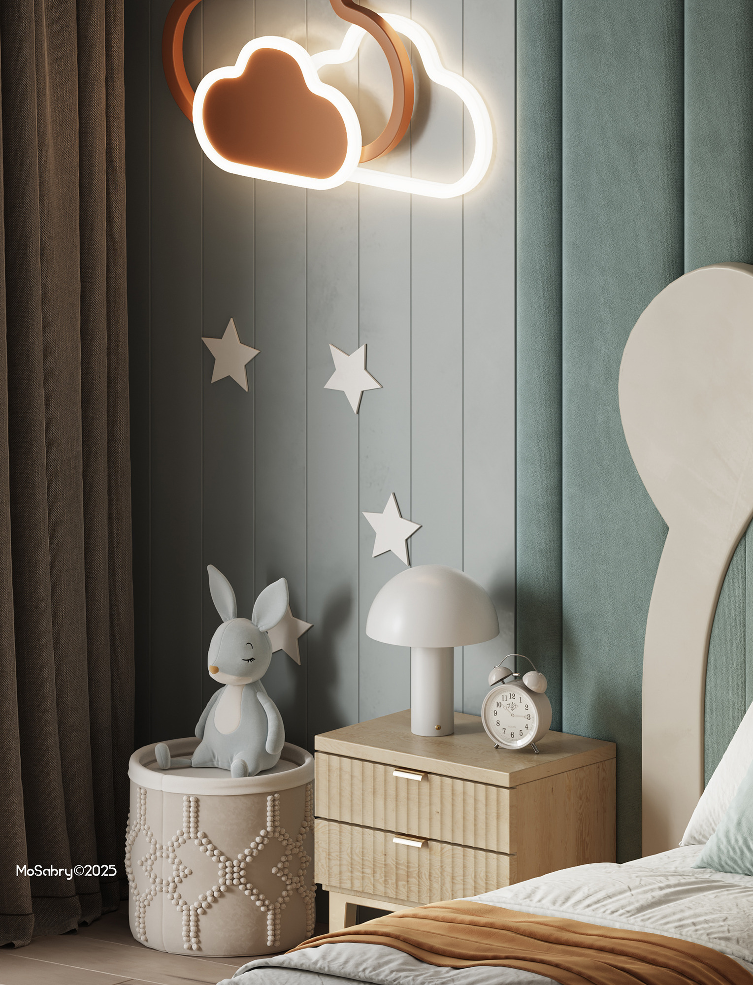 Bunny figurine and mushroom lamp on a bedside table under a glowing cloud light