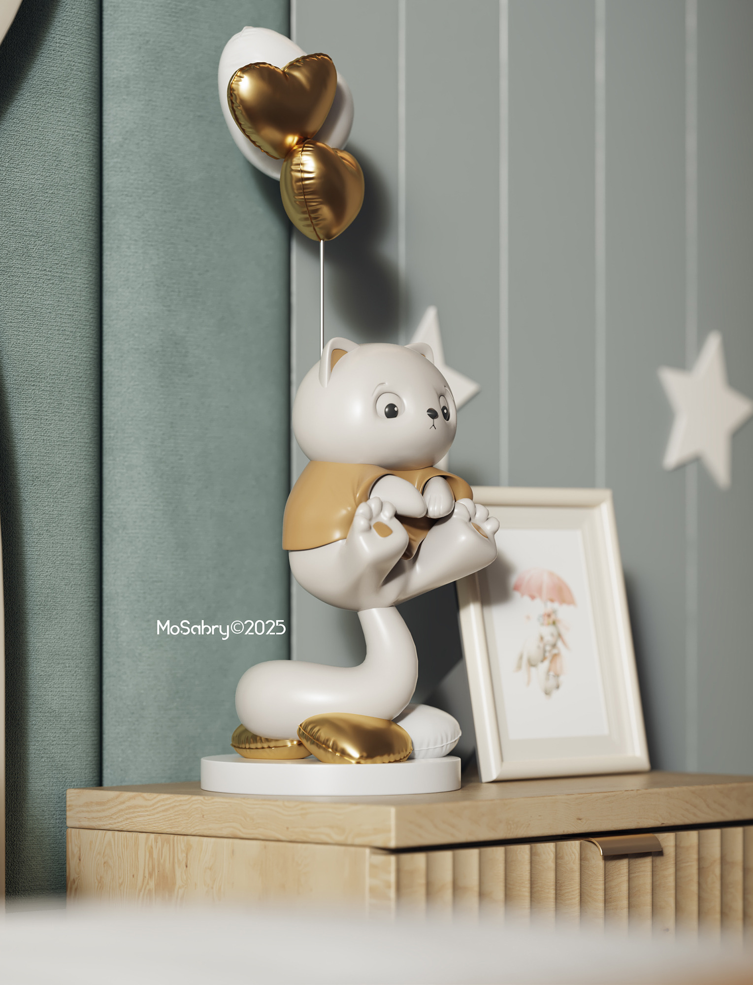 Cat sculpture holding gold heart balloons beside a framed drawing