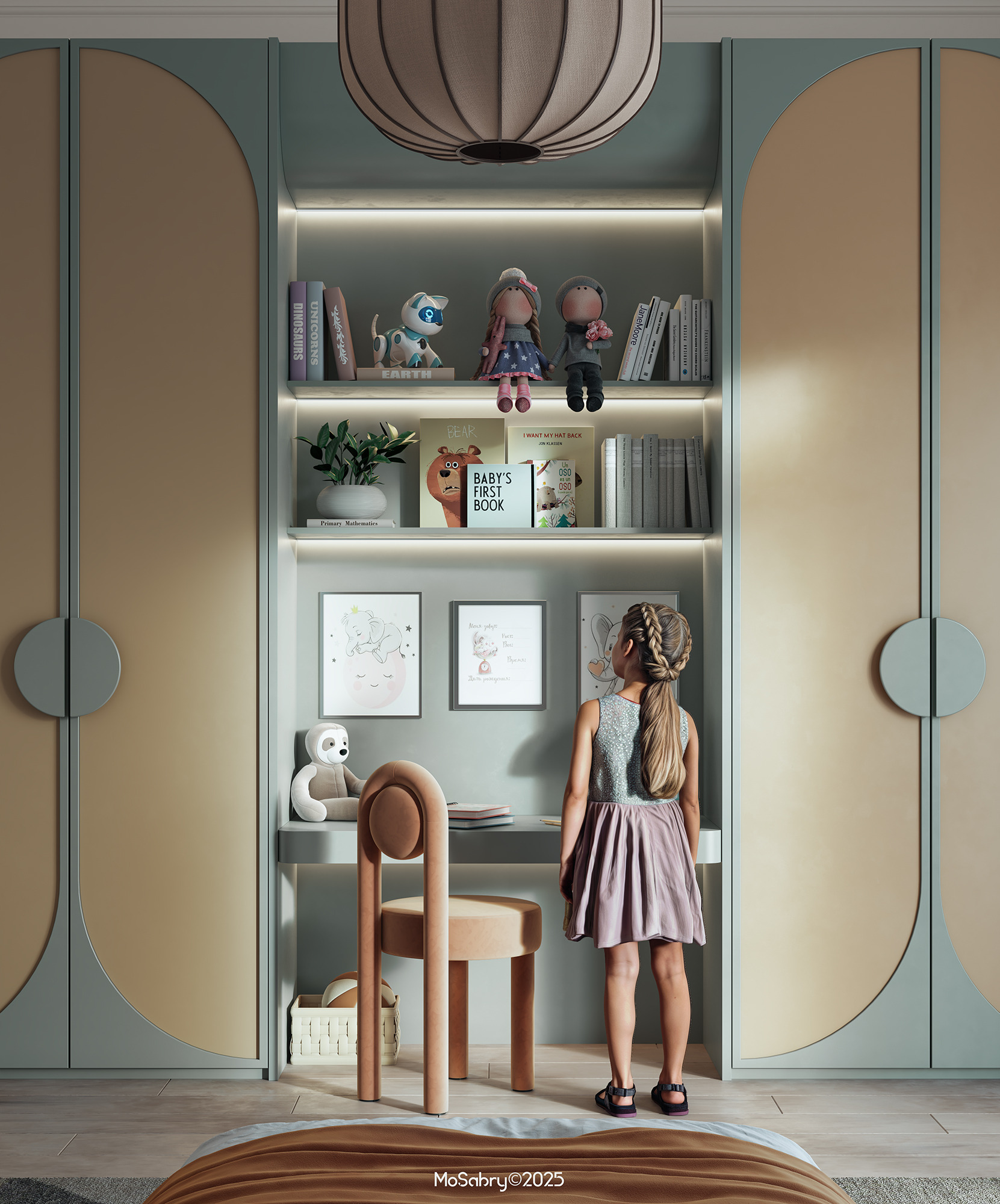 Girl at an open wardrobe with a built-in desk and shelves of toys