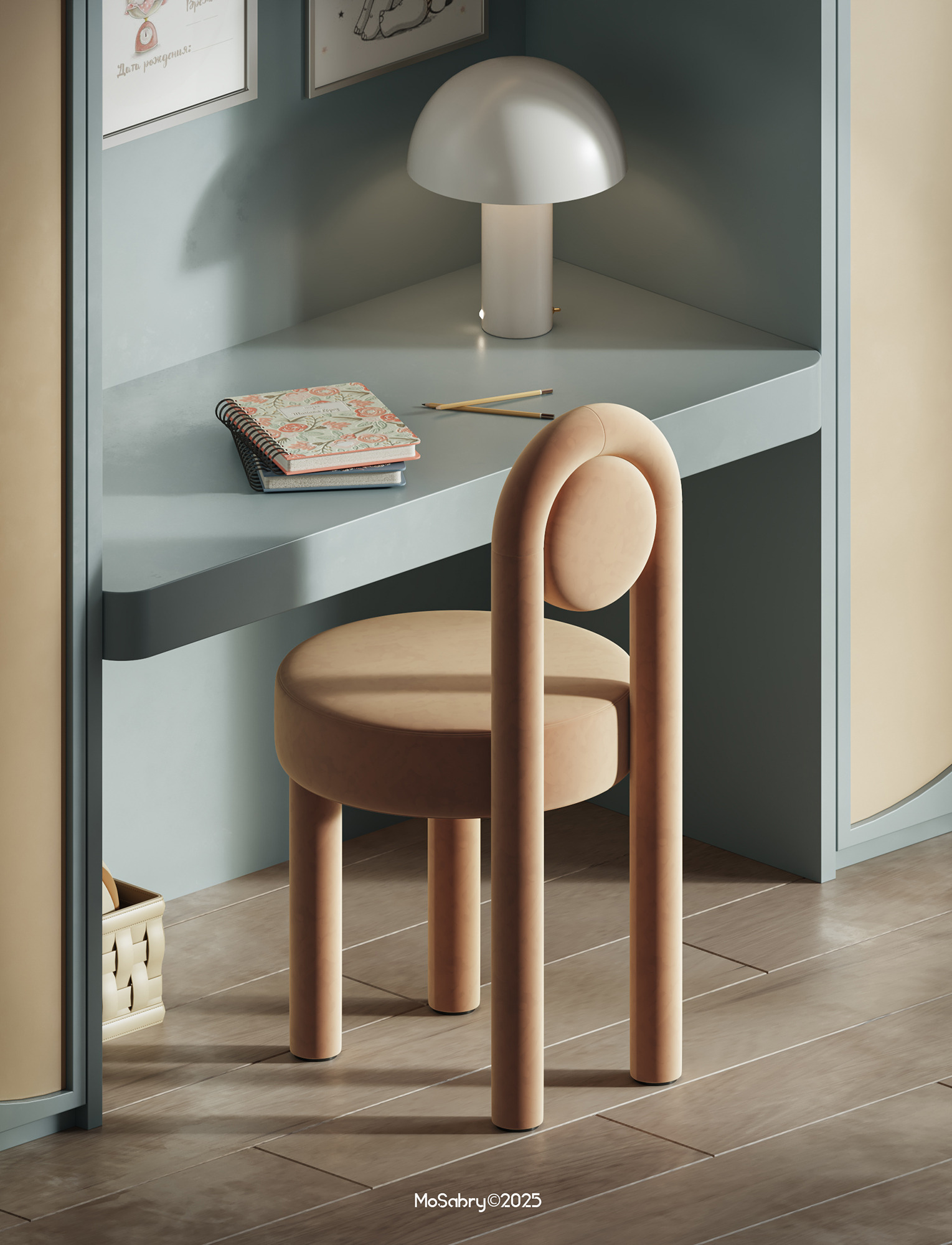Rounded peach chair at a sage green study desk with a mushroom lamp