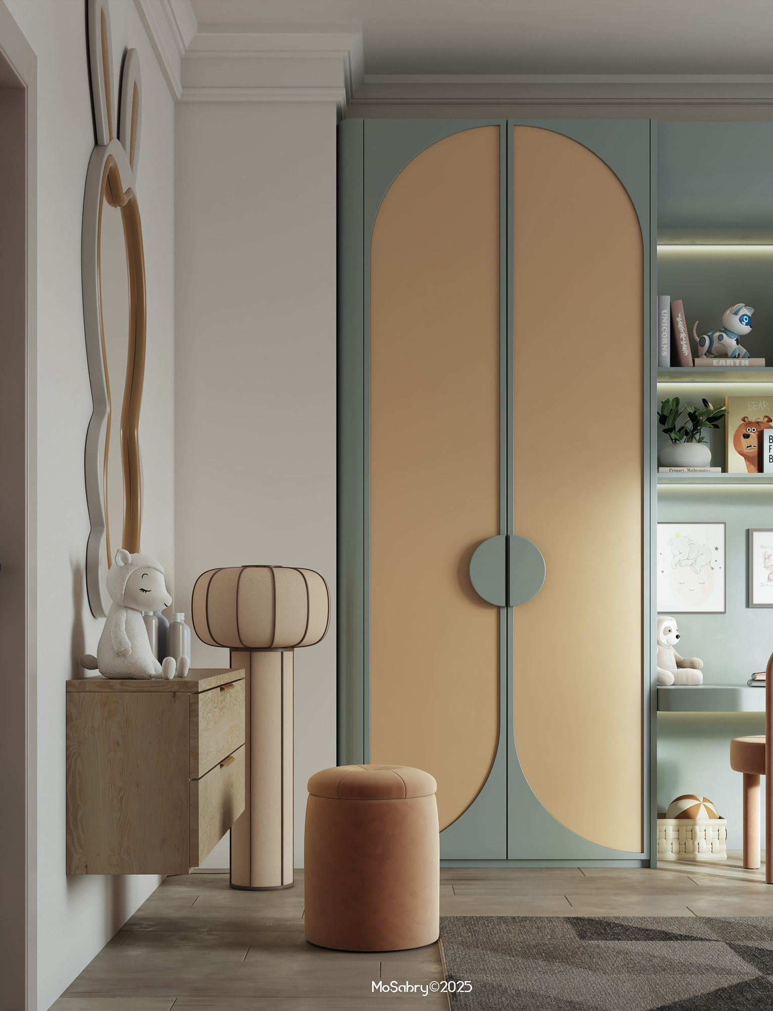 Wall-mounted vanity with a wavy mirror and an arched wardrobe