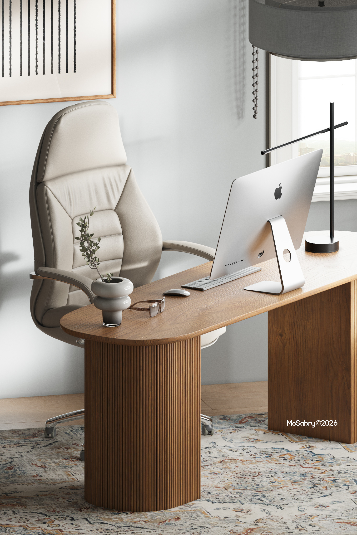 Ergonomic office chair at a fluted wood desk with a desktop computer