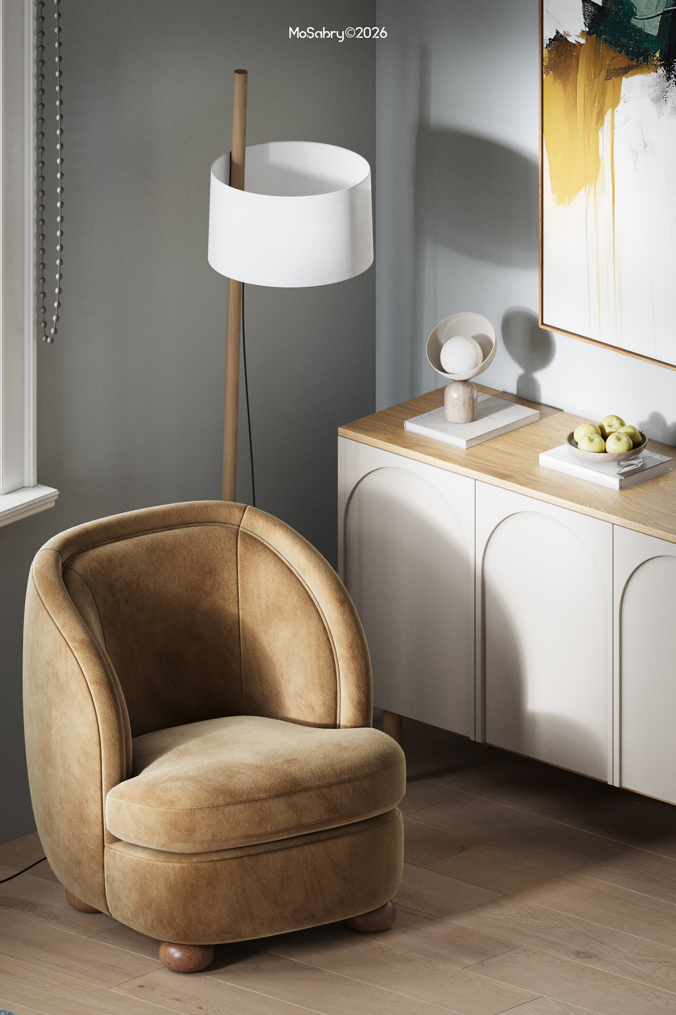 Tan lounge chair beside a white sideboard and a floor lamp