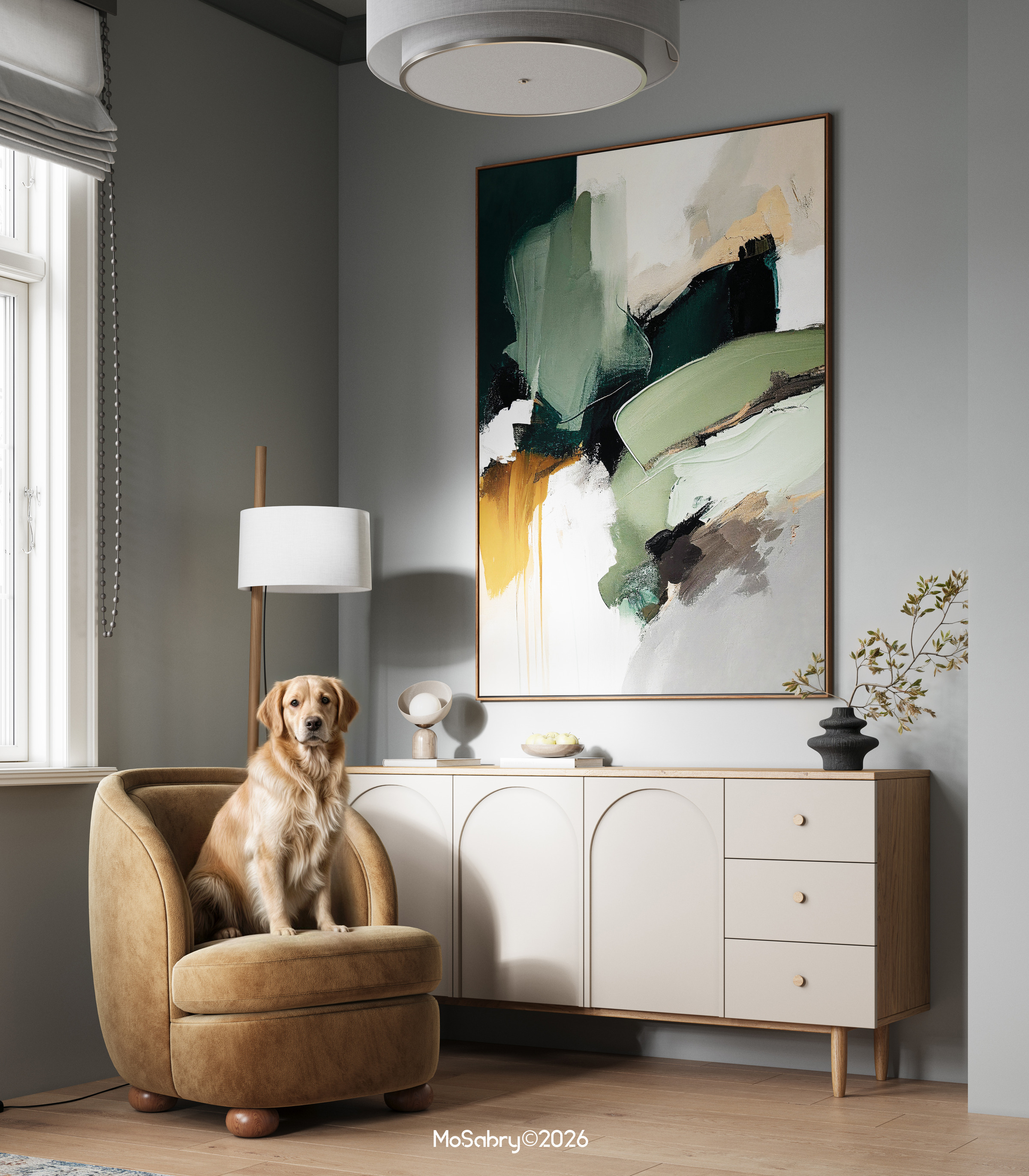 Golden retriever sitting on a tan lounge chair beside a white sideboard and a large abstract painting