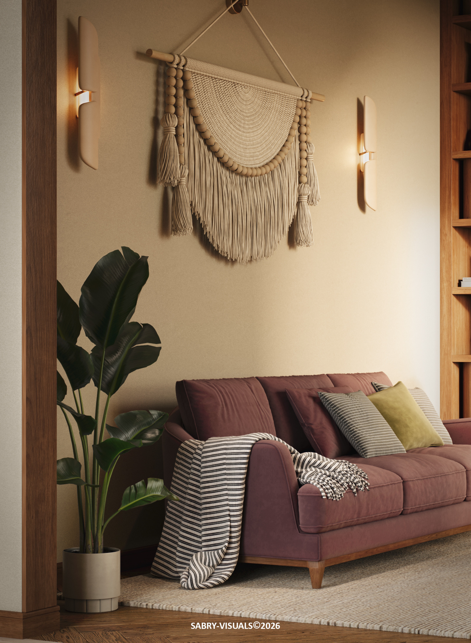 Mauve sofa with a striped throw beside a plant, under a woven wall hanging and wall sconces