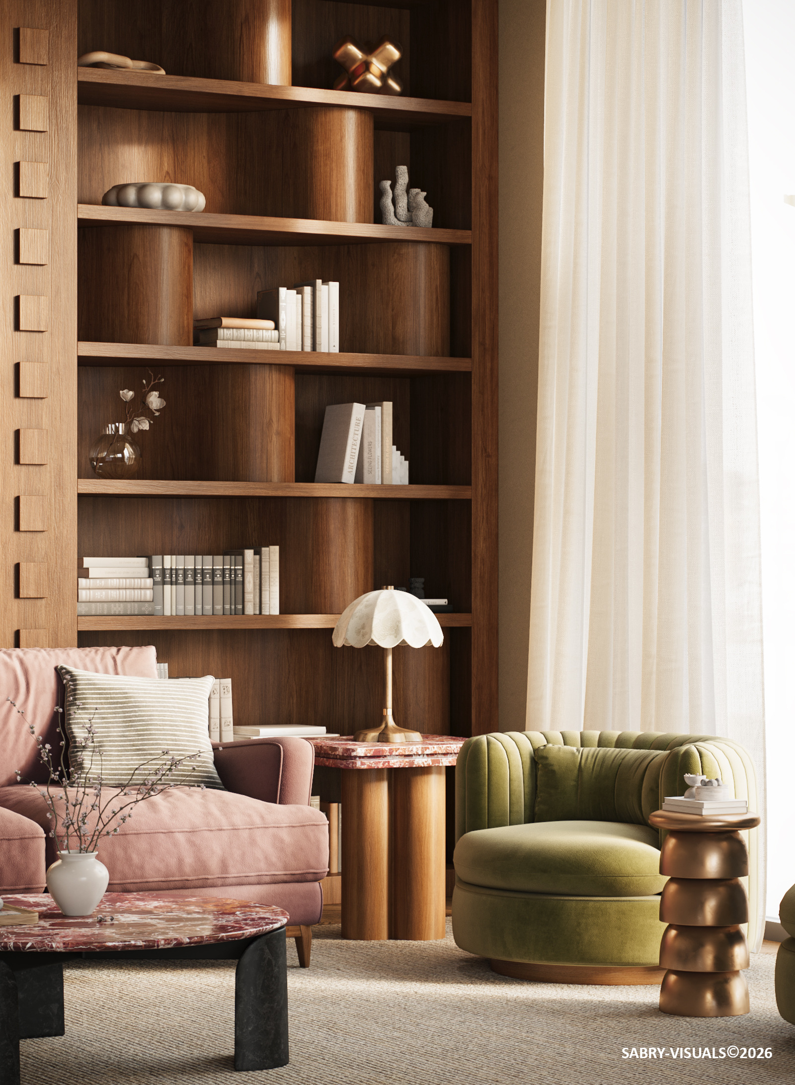 Living room with a curved walnut bookshelf, pink sofa, olive velvet armchair and sheer curtains