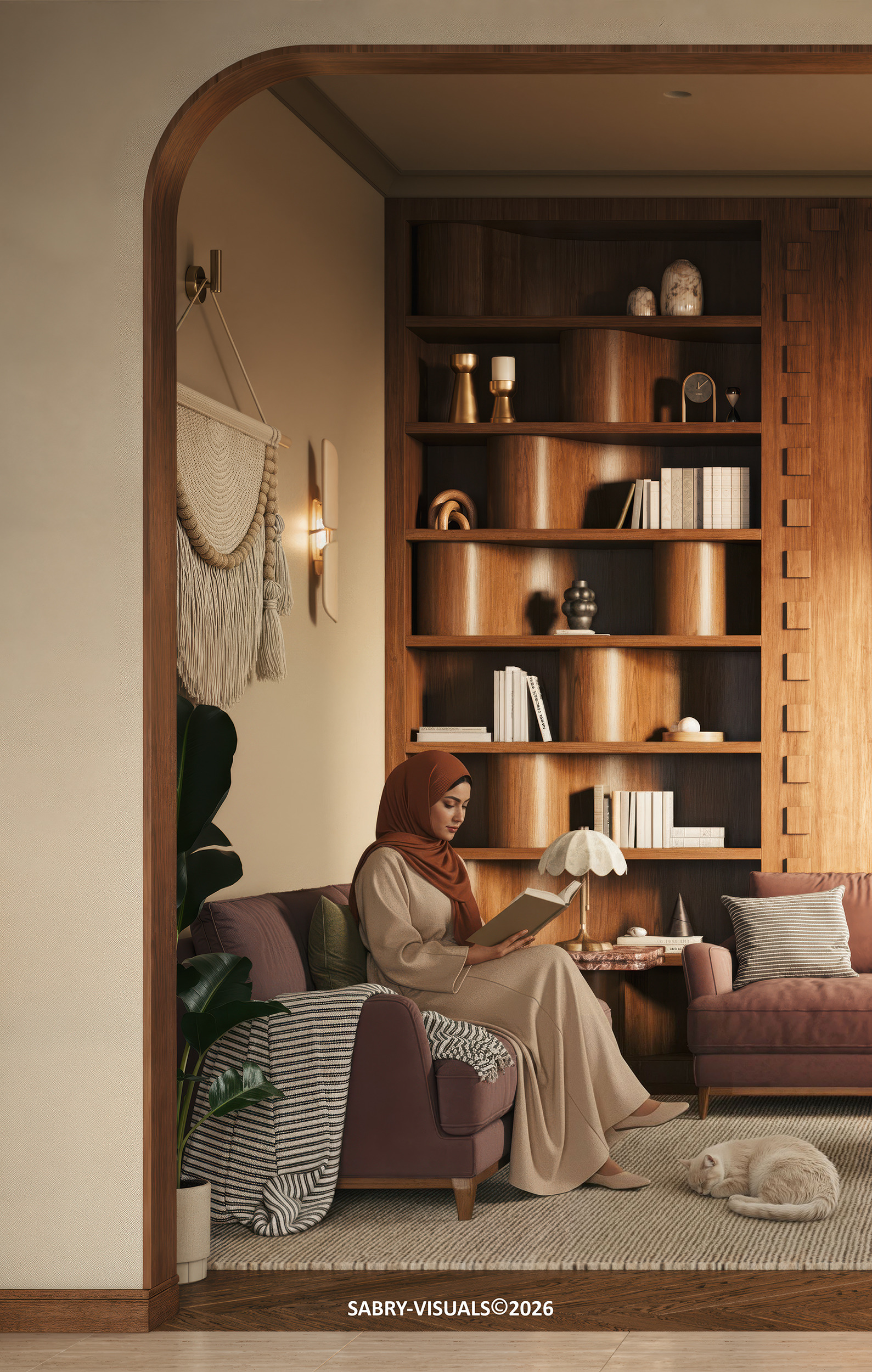 Woman reading on a pink sofa beside walnut bookshelves, seen through an arched doorway