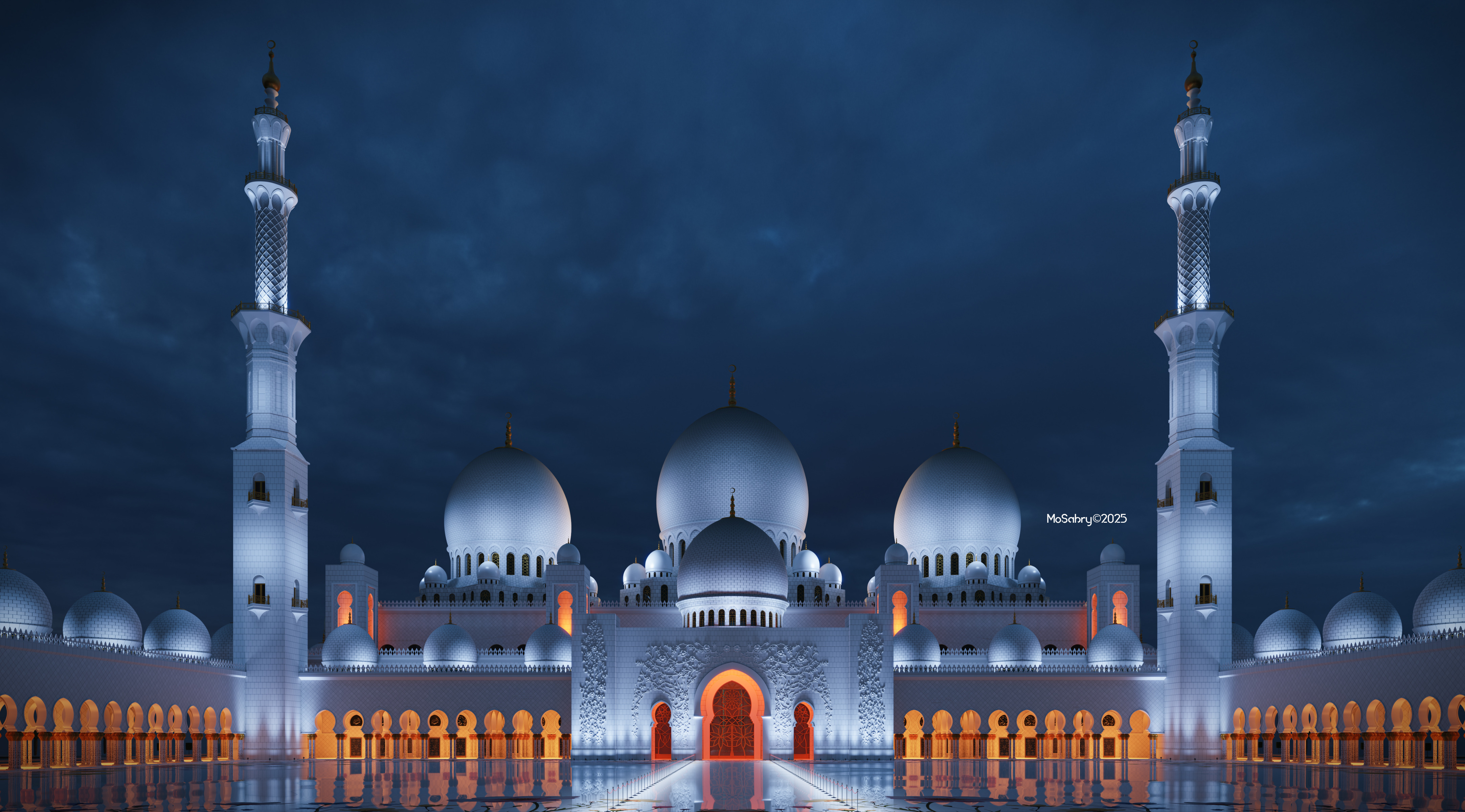 Sheikh Zayed Grand Mosque lit at blue hour, with glowing arcades reflected in the courtyard