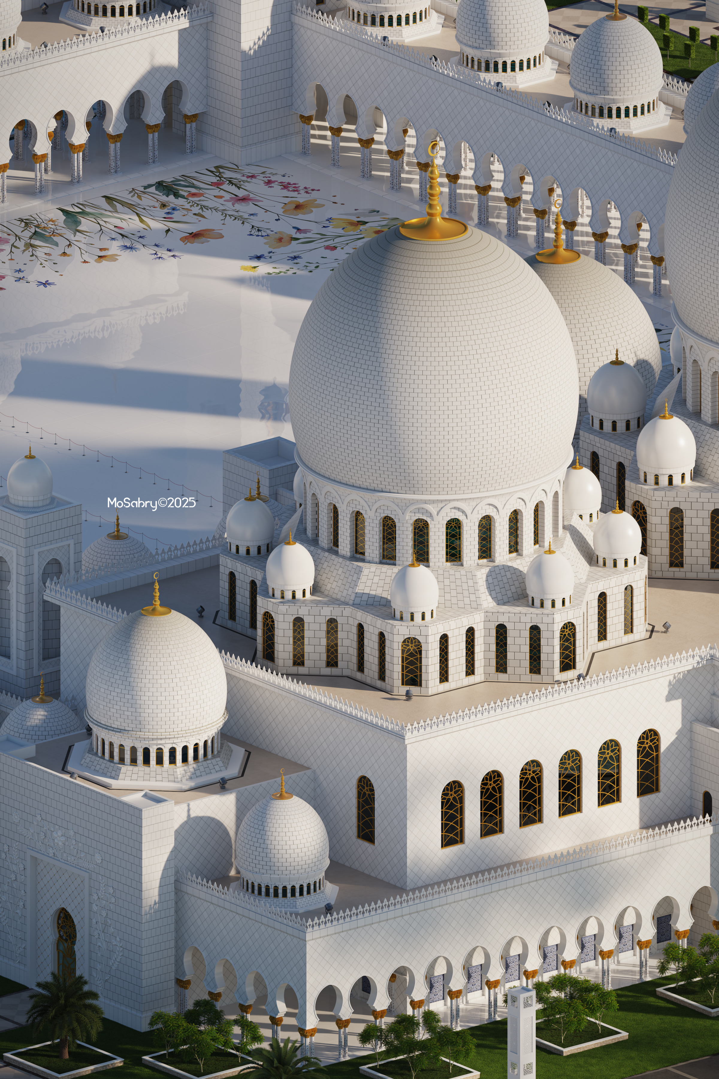Aerial view of the mosque domes, gold finials and a floral marble courtyard