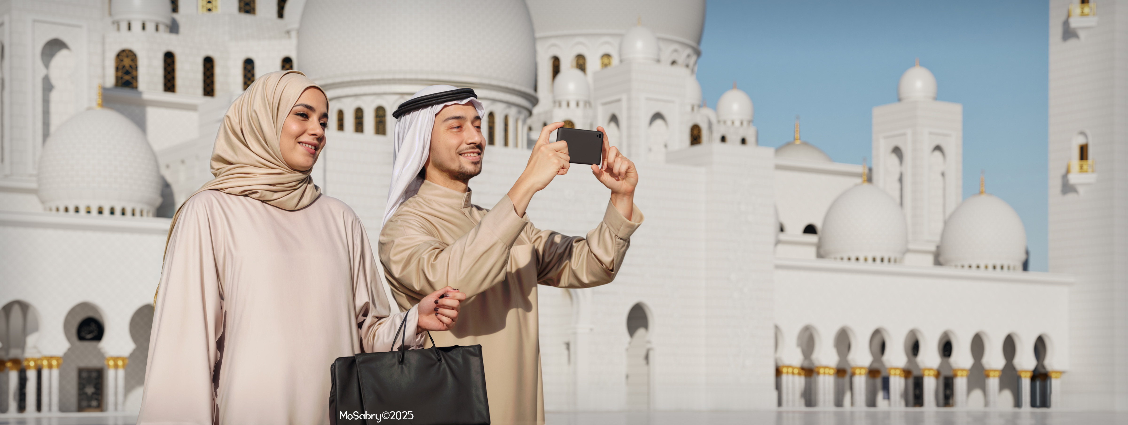 Couple taking a selfie in the mosque courtyard with white domes behind them