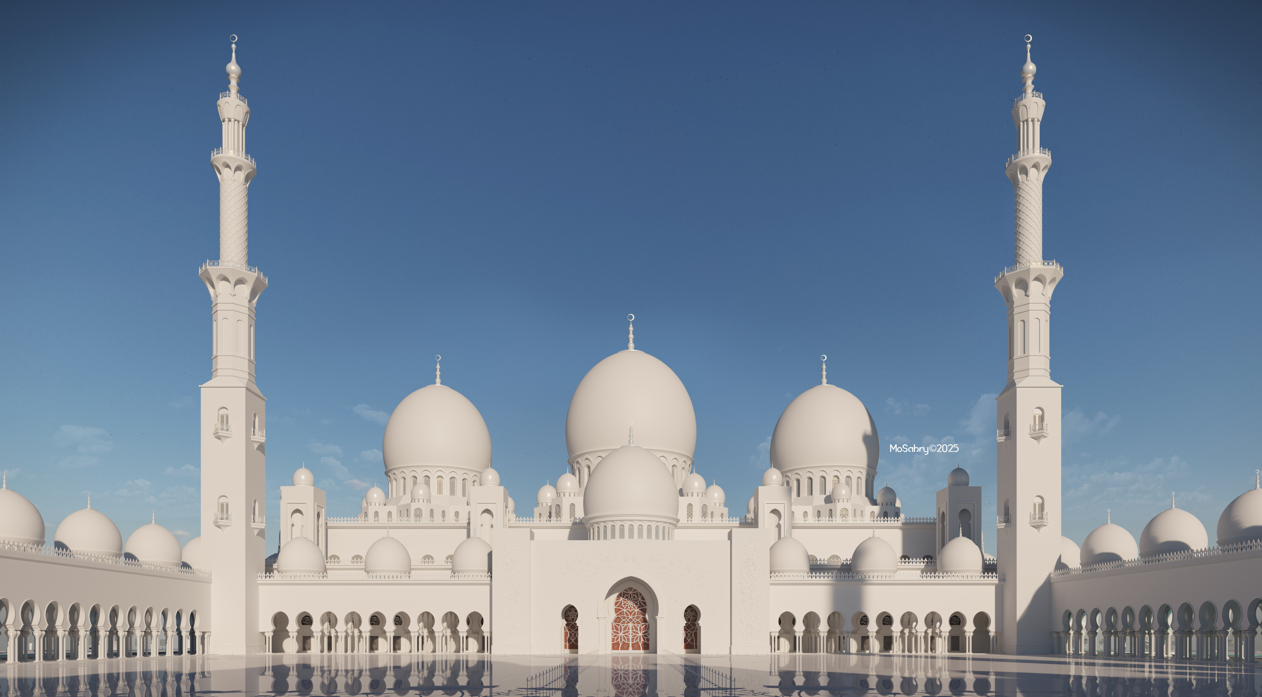 Wide daylight view of the mosque facade and its reflecting courtyard