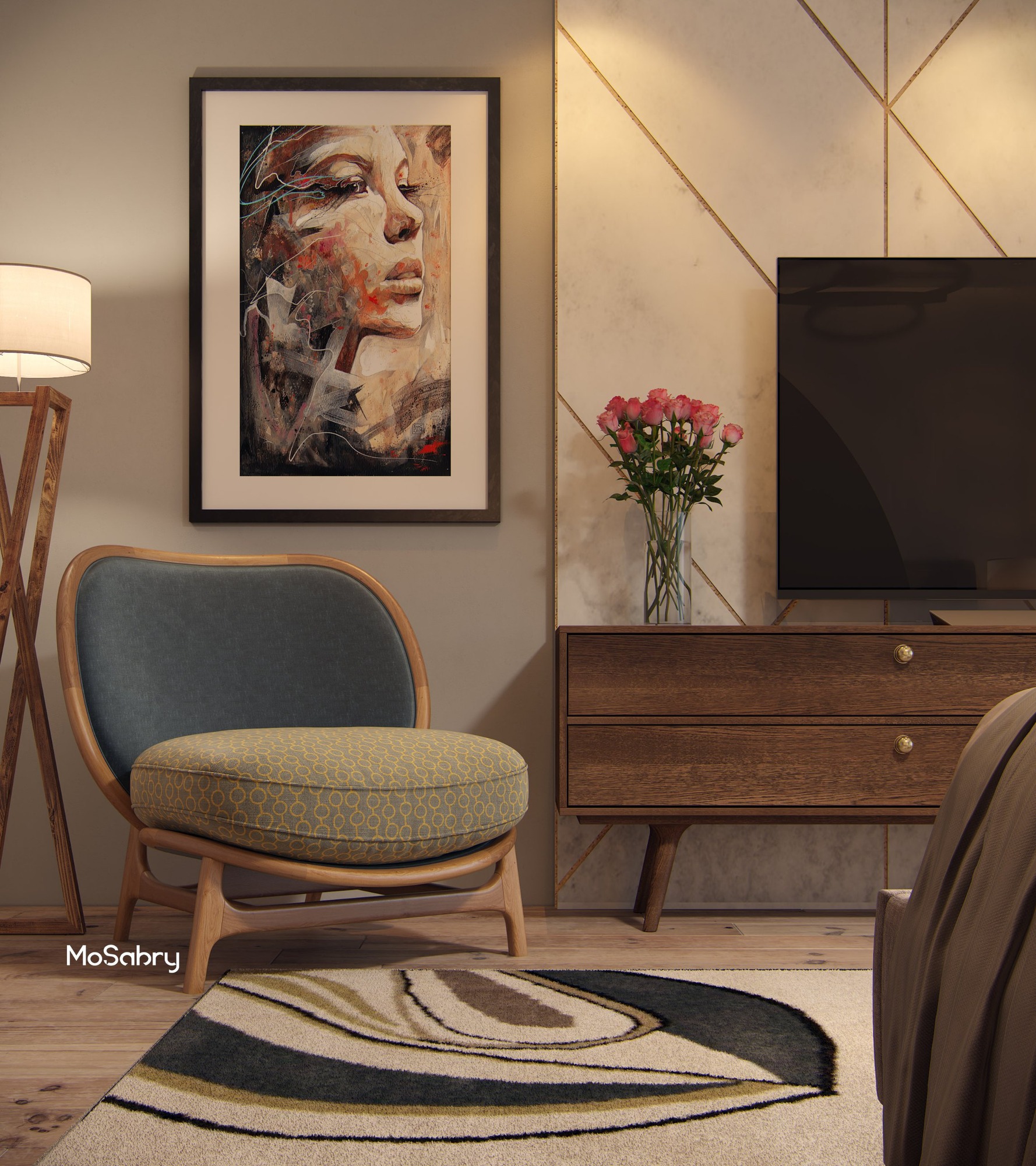 Product render of a wooden lounge chair with a patterned seat beside a walnut TV unit