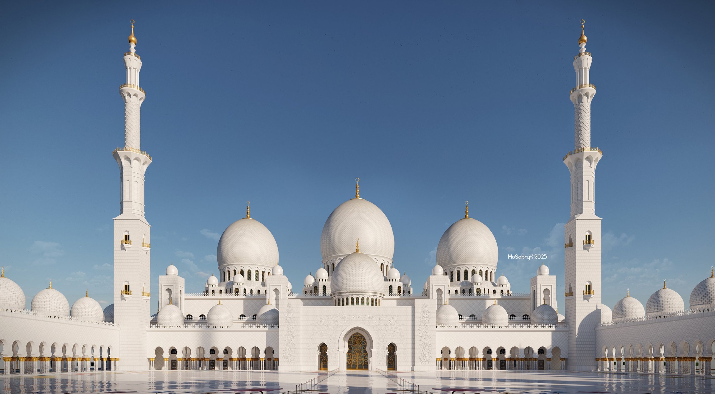 Exterior render of a white grand mosque with minarets, domes and a reflecting courtyard