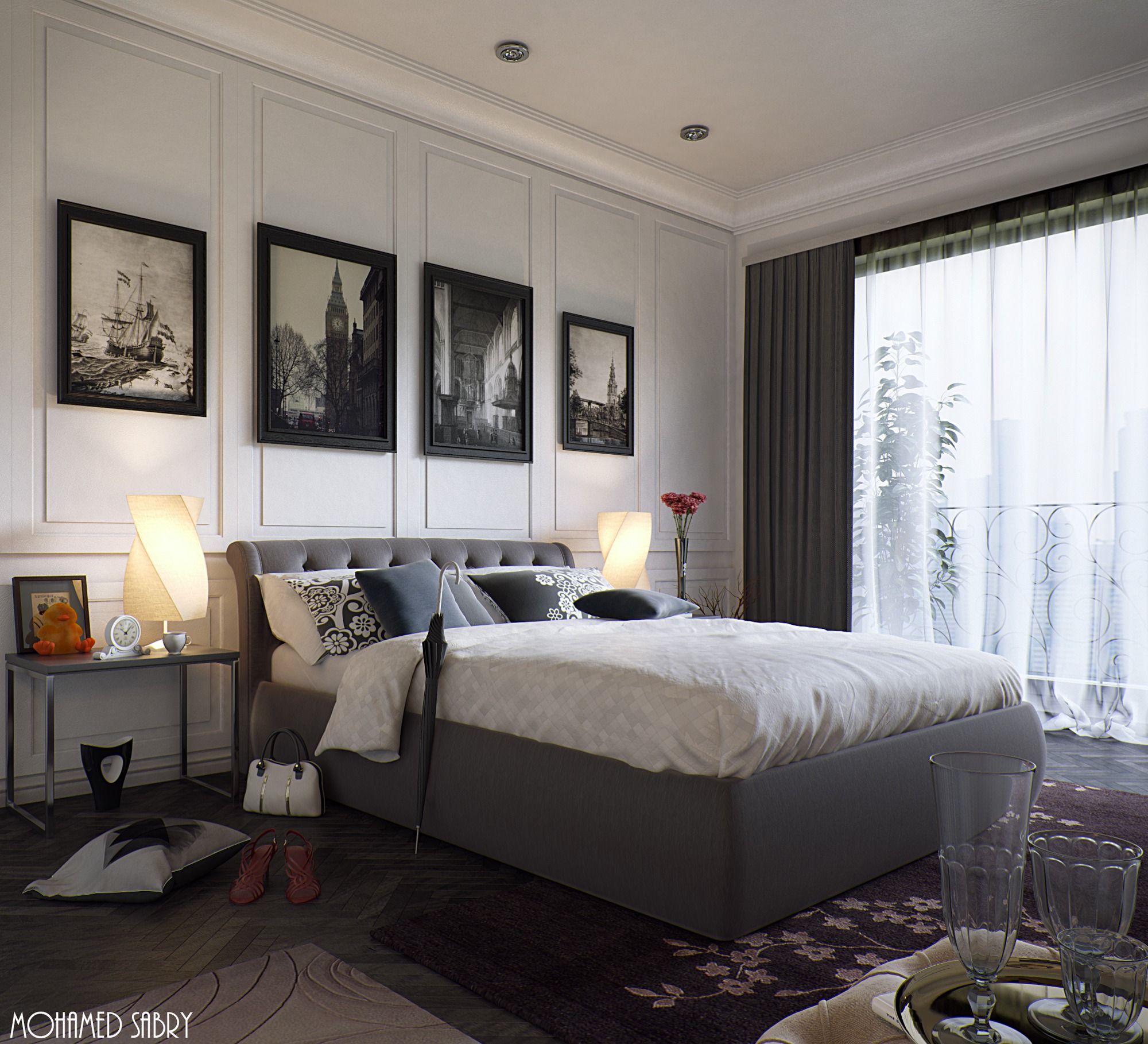 Bedroom interior render with a grey upholstered bed, framed prints and sheer curtains